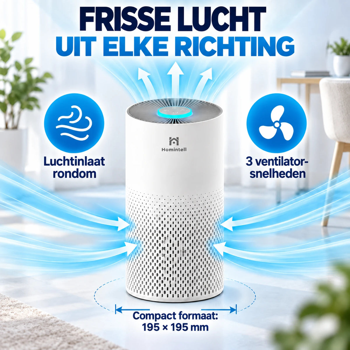 Purificateur d'air Homintell Kilo - HEPA H11 et charbon actif - 130 m³/h - 16 m² - 3 vitesses - Capteur PM2,5 - Commande tactile - 195 × 195 × 388 mm