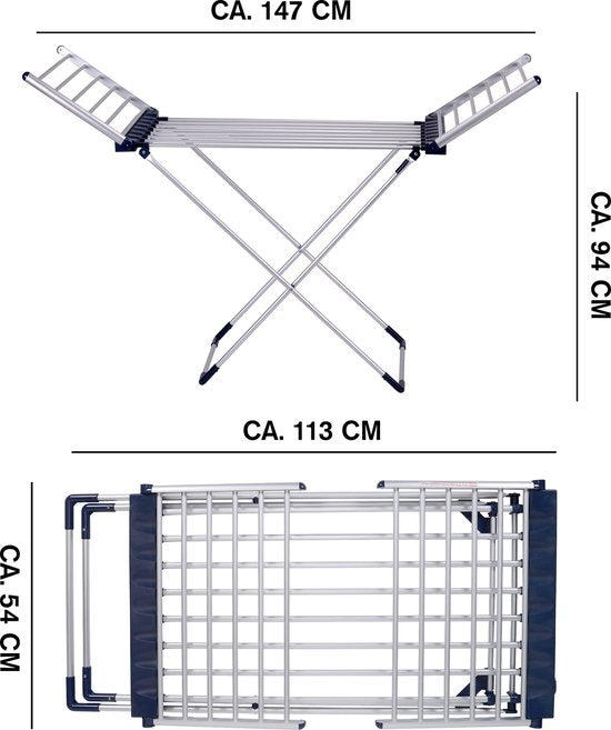 Étendoir électrique - Dirt Devil - 20 Tiges – Séchage 12 m – Température Réglable 45-55°C – Pliable - 147 x 54 x 94 cm - Aluminium