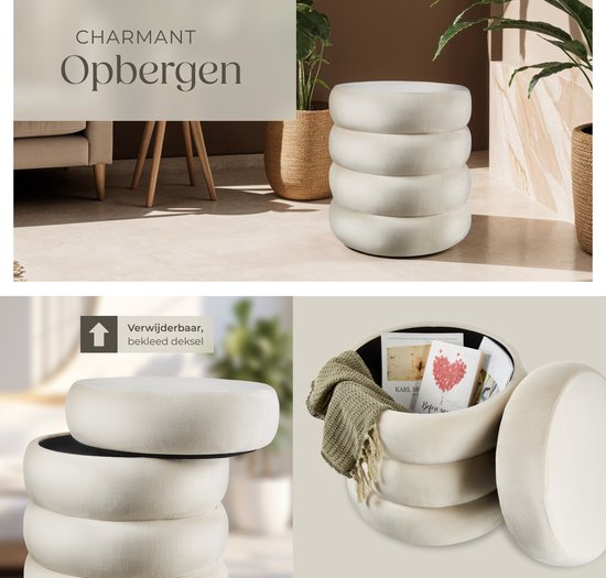 tectake® Tabouret avec rangement - Tabouret scandinave en tissu velours - Tabouret rembourré rond pour coiffeuse, chambre, salon ou comme meuble d'entrée - Tabouret de rangement - crème