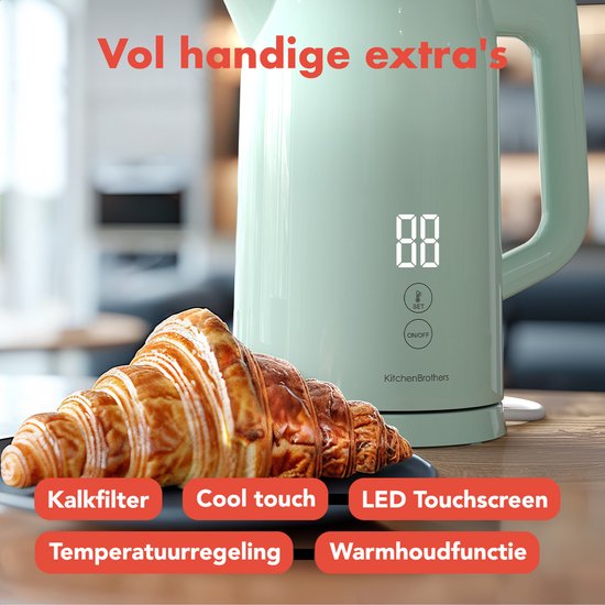 KitchenBrothers Bouilloire - 1,7L - Avec contrôle de la température - Électrique - Fonction maintien au chaud - Affichage - Double paroi - Cool-touch - 2200W - Vert pastel