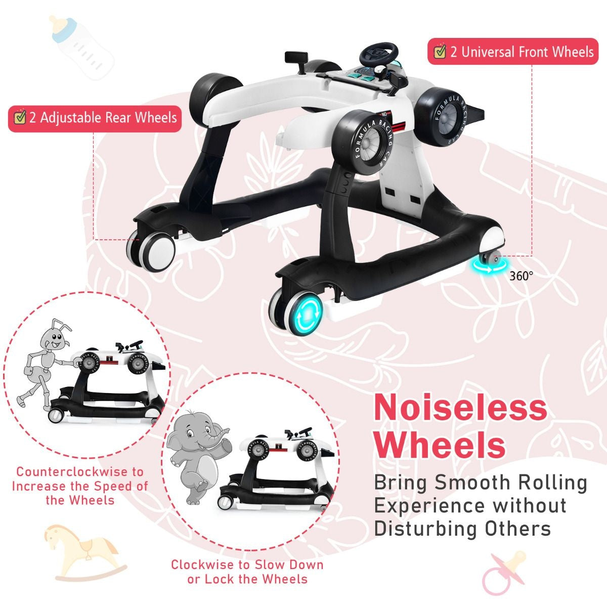 Poussette 4-en-1 avec hauteur et vitesse réglables Chariot pour bébé avec patins antidérapants Poussette pliable Noir/jaune/bleu/gris/blanc/rouge