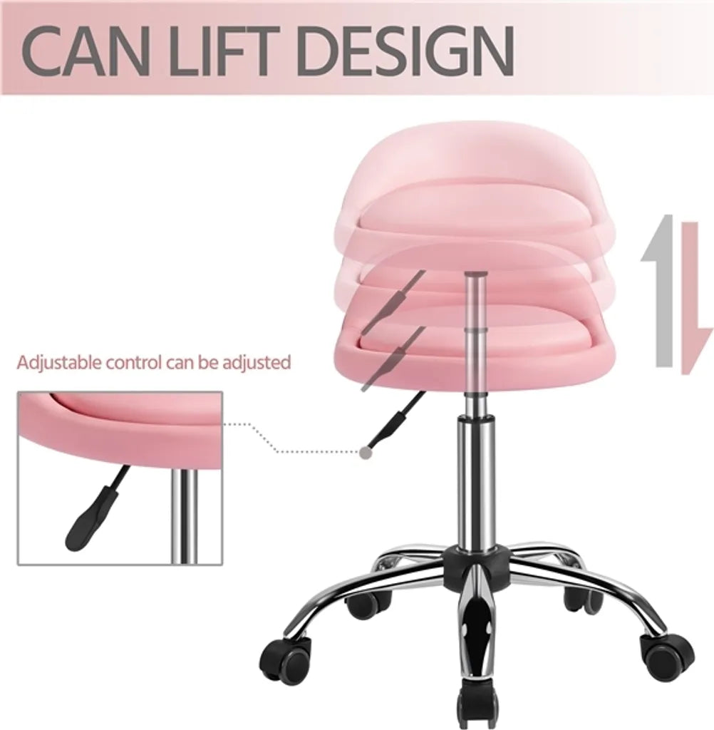 Tabouret de travail réglable Yaheetech avec roulettes et dossier - Rose - 46,5-61 cm