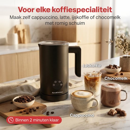 Mousseur à lait AoraKitchen - 300 ml - Mousseur à lait - Acier inoxydable - Électrique - 4-en-1 - Revêtement antiadhésif - 500 W