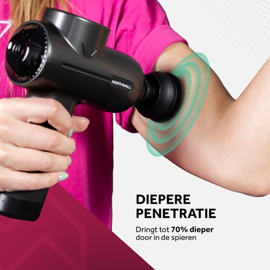 Northwall Massage Gun Professional PRO - Pistolet de massage avec étui et 6 accessoires dont une tête de massage en chêne - Appareil de massage sportif et de relaxation puissant et sans fil