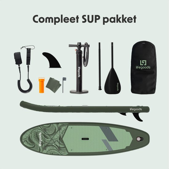 LifeGoods SUP Board All-round Compact - 100 KG Load Capacity - 300 x 76 cm - Inflatable - Complete SUP Package - Green/Leger Green