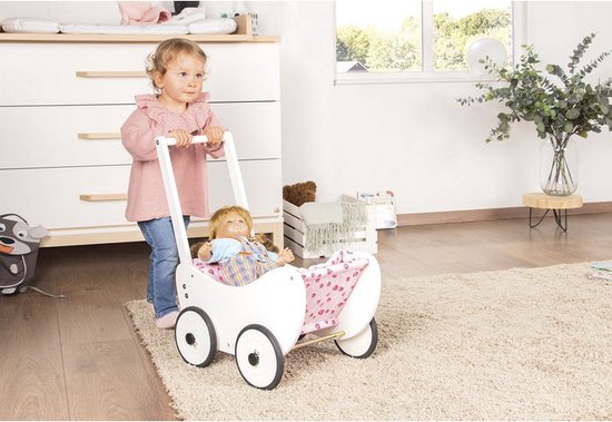 Poussette pour poupées en bois Pinolino « Trixi » - Adorable berceau durable – En hêtre massif avec couette « Cœurs » - blanc