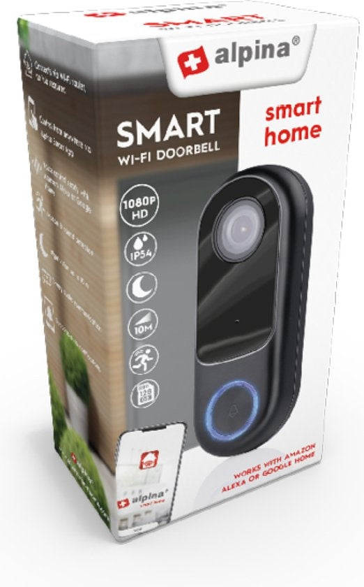Alpina Smart Home Video Doorbell avec caméra et Wifi - Full HD - Interphone - Vision nocturne - Capteur de son et de mouvement - IP54