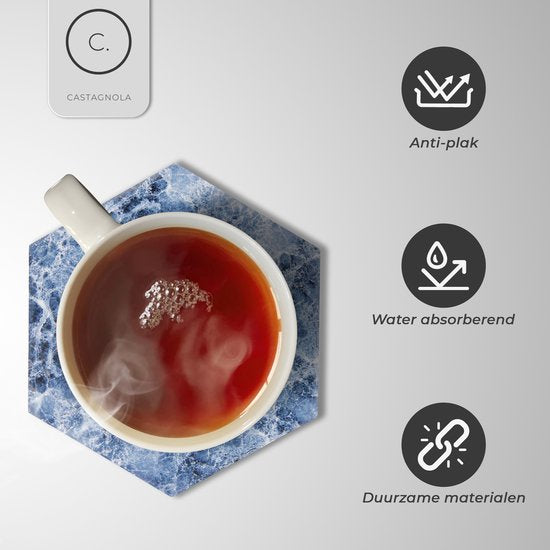 Castagnola Sous-verres en céramique avec support - Sous-verres pour verres - Sous-verres design - Sous-verres - Sous-verres à boire - Céramique - Liège - Lot de 6 - Bleu