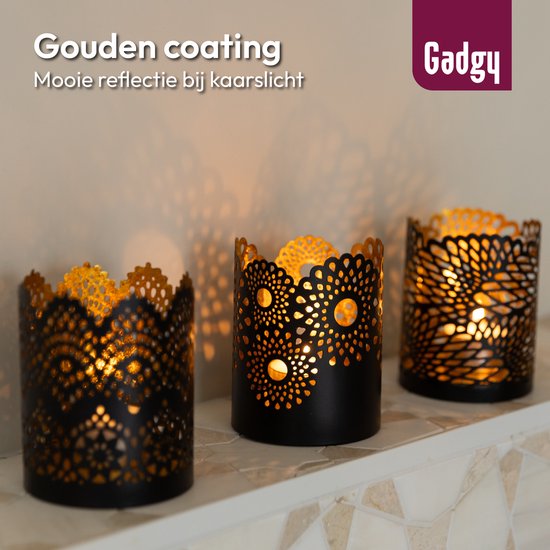 Gadgy Porte-lampions rond - Lot de 3 Porte-lampions Décoration Salon - Lumière d'ambiance à l'intérieur - Porte-bougies pour bougies 8.5x10.5 cm - Lampe à vent en métal - Noir/Or - Cadeau pour Femme - Motif Dentelle