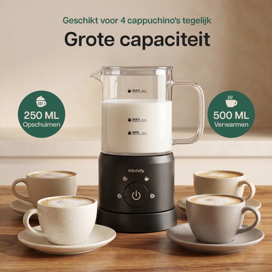 Mousseur à lait en verre Kitchify - Mousseur à lait électrique - Avec bec verseur - 4 en 1 - Milk Frother - Noir