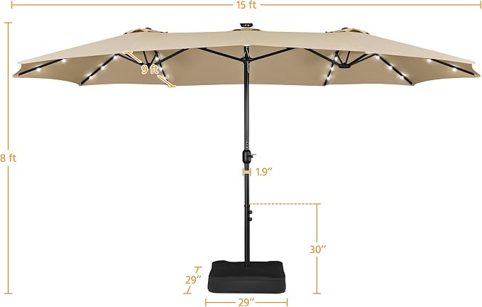 Parasol double Yaheetech 15 pieds avec éclairage LED solaire et pied - Beige - Parasol de jardin extra-large avec sacs de sable