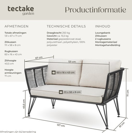 tectake® Banc de salon en osier - Banc de jardin compact avec coussins épais - Idéal pour balcon, jardin ou terrasse - Banc de salon extérieur élégant et confortable - Design en corde