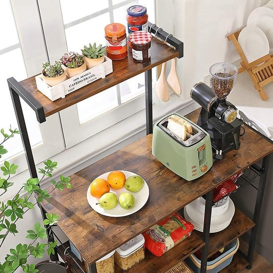 Goliving Armoire de cuisine - Etagère de cuisine verticale - Armoire à micro-ondes - Organisateur - Métal - Bois - 90 x 40 x 132 cm - Marron