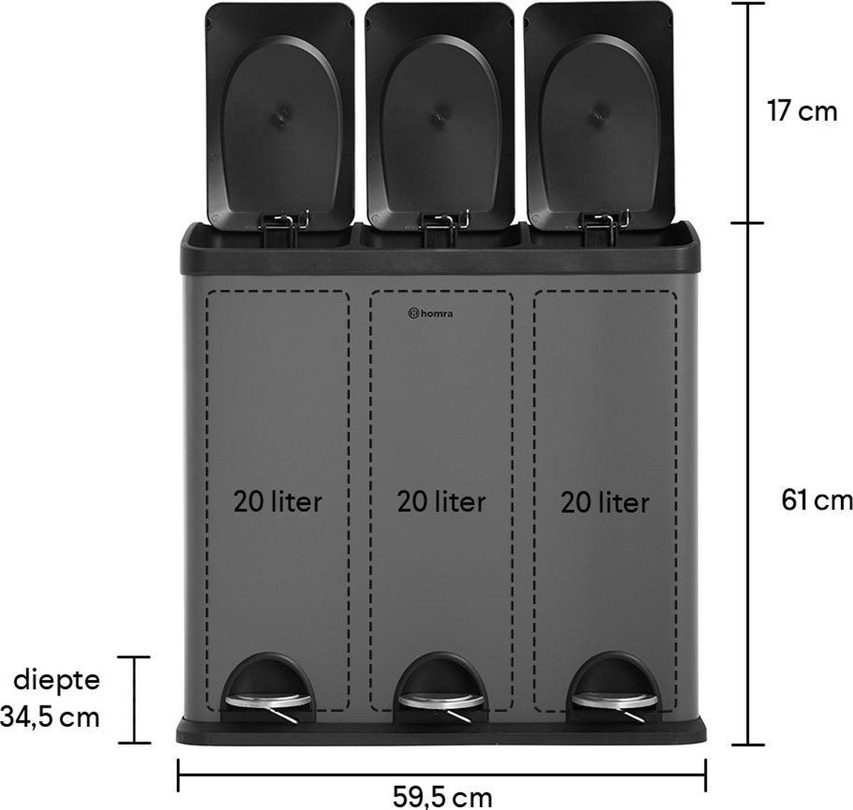 Homra MAXER Poubelle - 3 Compartiments - 60 Litres (3x 20L) - Poubelle à pédale - Gris