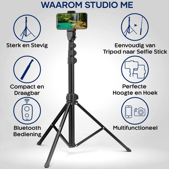 Studio ME Phone Tripod - 170 cm - Tripod Smartphone - Black - Camera Tripod - Phone Holder - Incl. Bluetooth Remote Control - Tripod Iphone - Tripod Phone