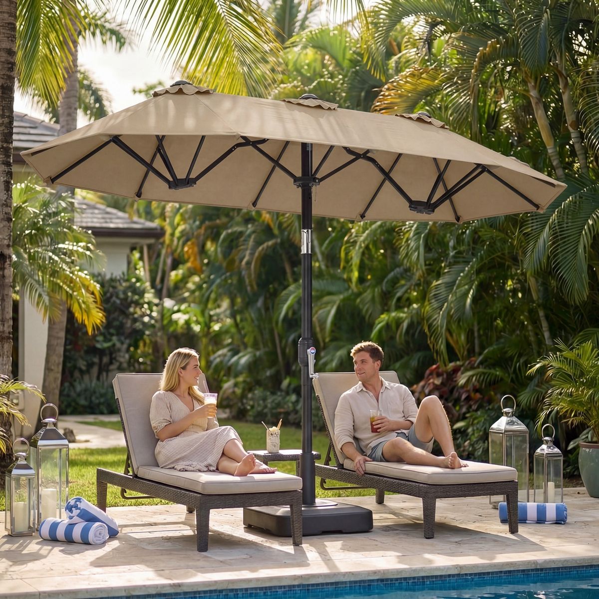 Parasol double Coast - rectangulaire - avec manivelle et fonction d'inclinaison - marron 300 x 160 cm