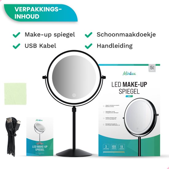 Mirlux Miroir de maquillage avec éclairage LED - lumière grossissante 10x - réglable en hauteur - 3 modes d'éclairage - rechargeable - Miroir grossissant noir