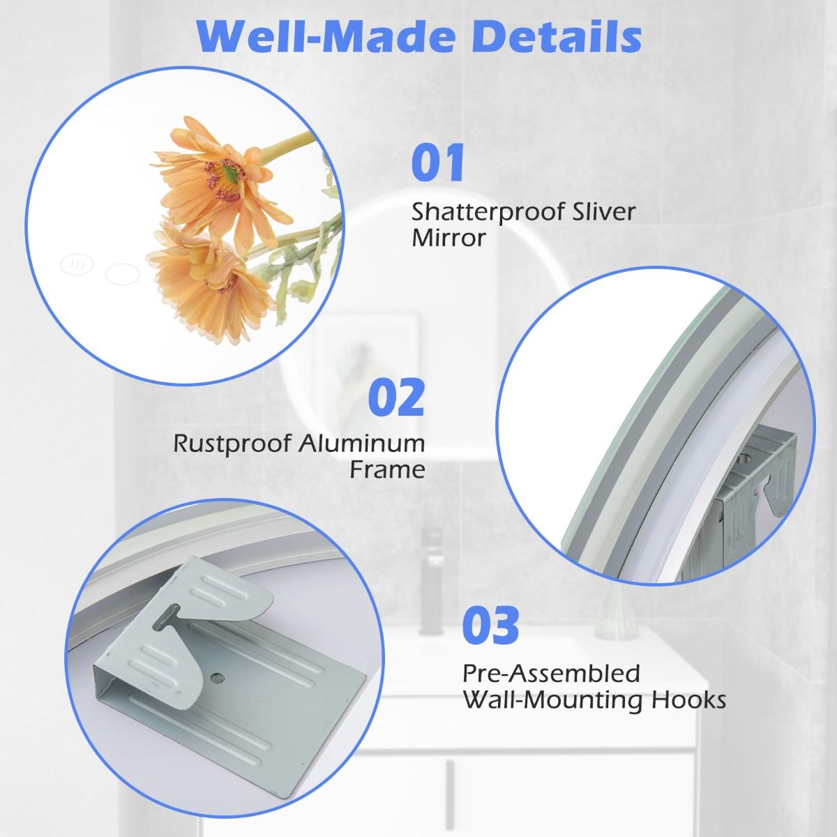 Coast 60 x 54 cm LED Miroir de salle de bain Miroir mural rond argenté avec éclairage à 3 couleurs graduables, antibuée et fonction mémoire