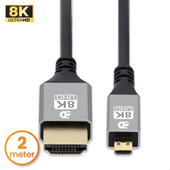 Drivv. Câble Premium Micro HDMI vers HDMI 2.1 - 8K 60Hz / 4K 120Hz Ultra HD - Convient aux caméras, GoPro, ordinateurs - 2 mètres - Gris