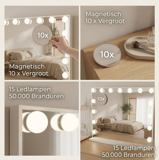 Miroir OMNIEXA Hollywood 58 × 46 cm – 15 ampoules LED – 3 couleurs de lumière – Intensité réglable – Grossissement 10x – USB-C – Miroir de maquillage – Miroir de coiffure – Coiffeuse – Blanc