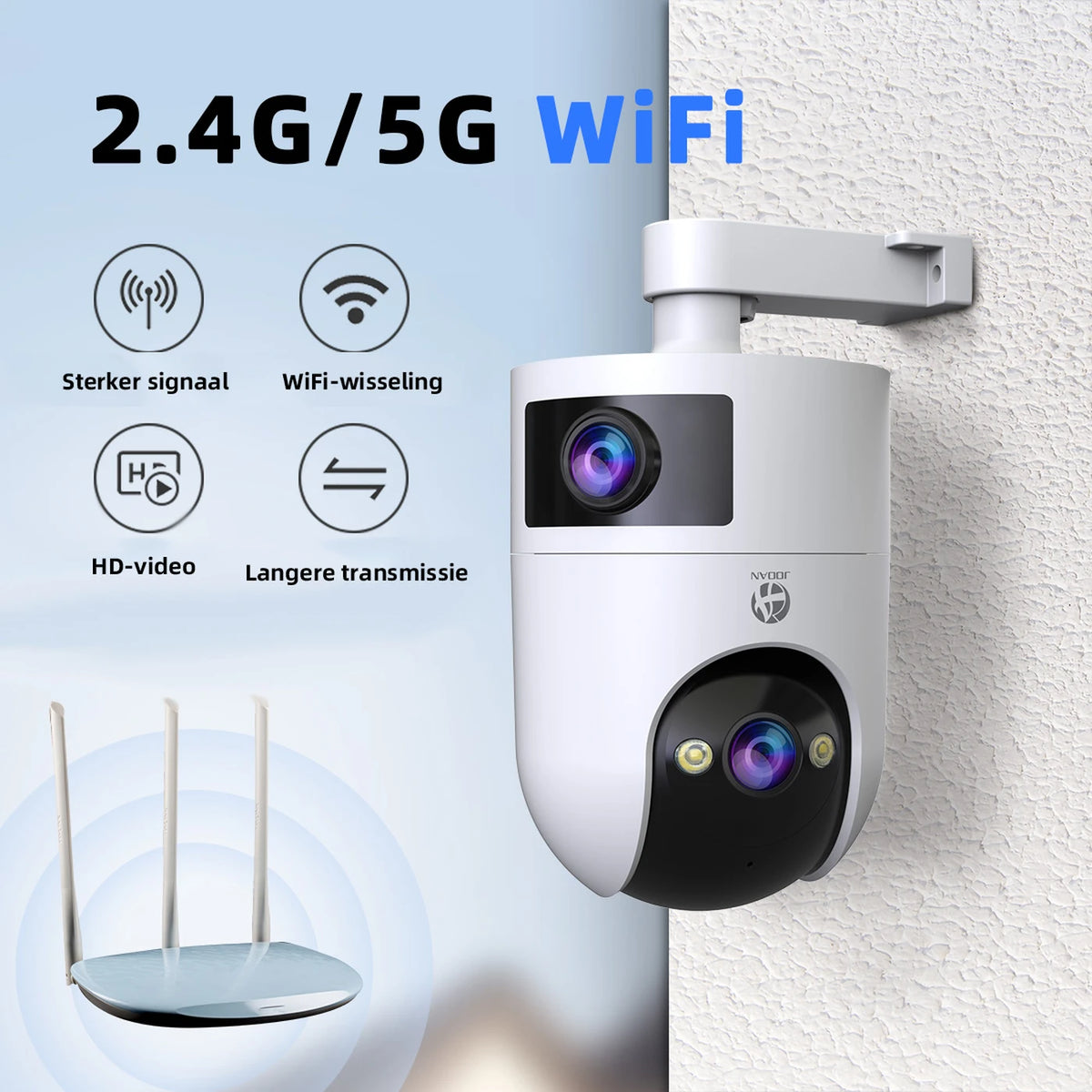 Caméra de sécurité Jooan à double objectif 2K - Wi-Fi avec application - Noire