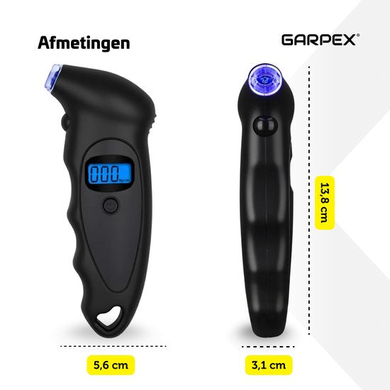 Garpex® Tyre Pressure Gauge - Manomètre pour pneus - Lampe de poche intégrée - Numérique - Manomètre