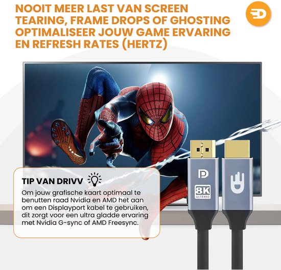Drivv. Câble Displayport - 8K 60Hz - 4K 144 Hz - 32.4GBps - Displayport 1.4 - Câble DP - PVC - 1 mètre - Gris spatial