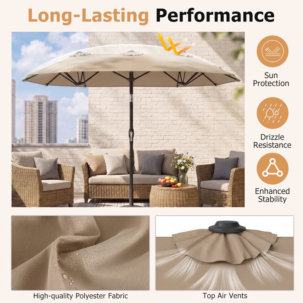 Parasol double Coast - rectangulaire - avec manivelle et fonction d'inclinaison - marron 300 x 160 cm