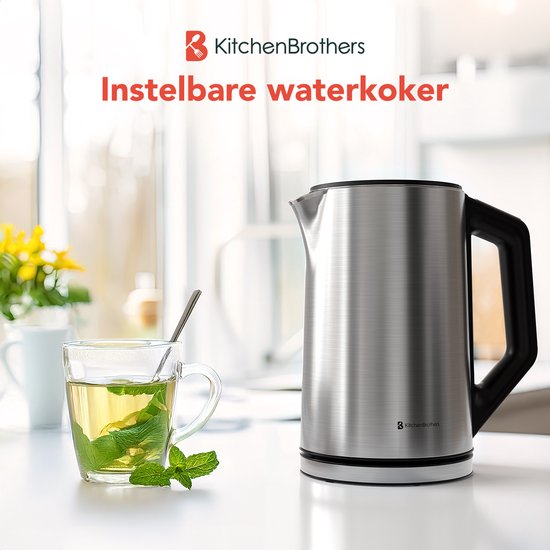 KitchenBrothers Bouilloire - Électrique - 1,5L - 2200W - Contrôle de température réglable - Double paroi - Bouilloire en acier inoxydable - Silver