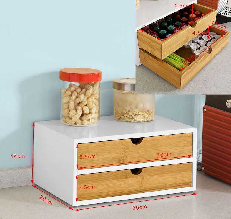 SoBuy Tiroir de rangement à 2 étages pour capsules de café - Organisateur de sachets de café et de thé - 30 x 20 x 14 cm - Blanc