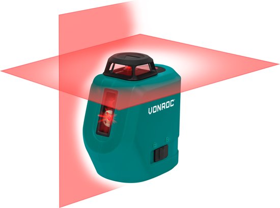 VONROC Cross line laser - 360° - rouge - batterie 4V - 2600mah - autonivelant - portée ±20 mètres - Support de montage, câble USB-C et sac de rangement inclus.