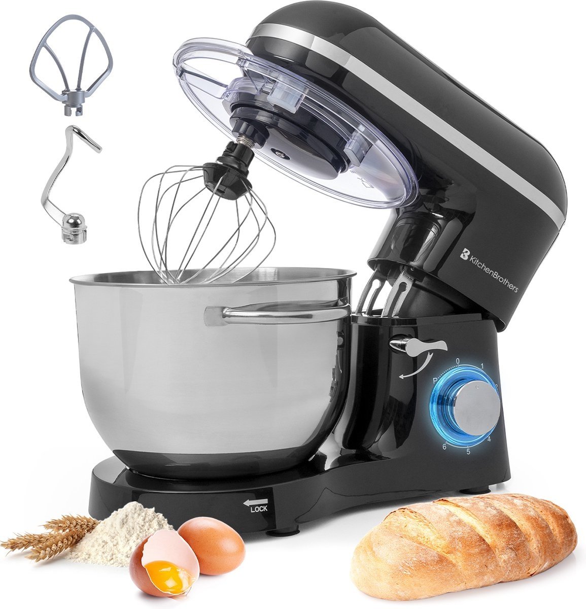 Robot Pâtissier 1400 W avec Bol 6 L en Inox – Noir | KitchenBrothers