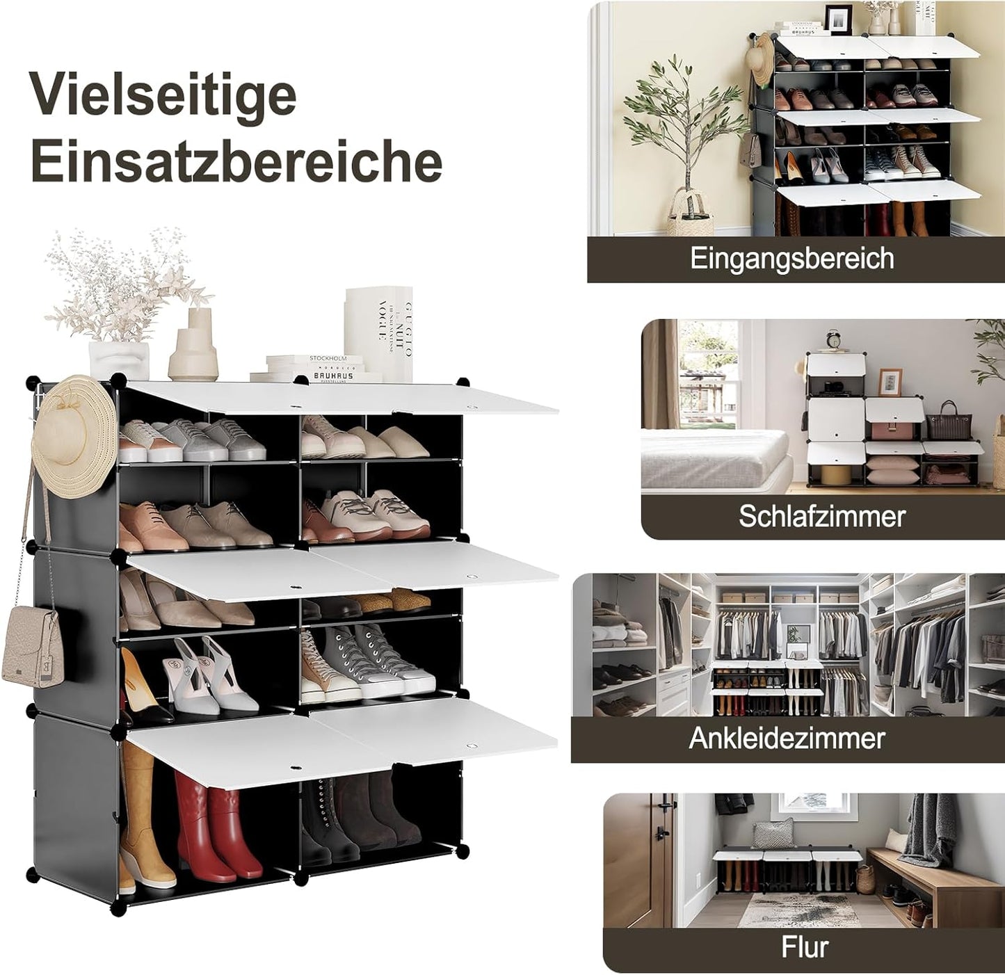 Étagère à chaussures Woltu à 6 compartiments - Meuble de rangement pour 24 paires de chaussures - Blanc/Noir - 94 x 36,5 x 109 cm