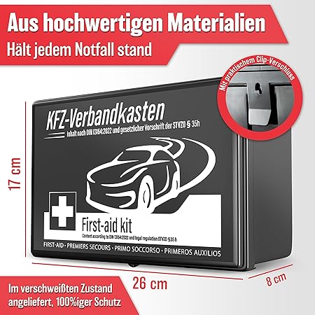 HELDENWERK Car first aid kit 2026 Utilisation et testé dans toute l'Europe (conformément à la circulation allemande) - Trousse de premiers secours Trousse de premiers secours certifiée DIN 13164 - Sac de premiers secours - Noir