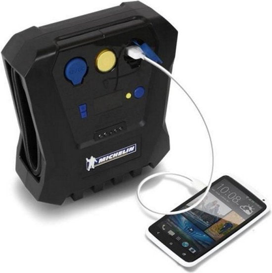 Pompe à air Michelin Compressor 12 V - Pression réglable (0,05-7 bar) - Avec port USB - Pompe à air électrique - Vélo/voiture/moto/ballon/matelas gonflable - Avec divers embouts