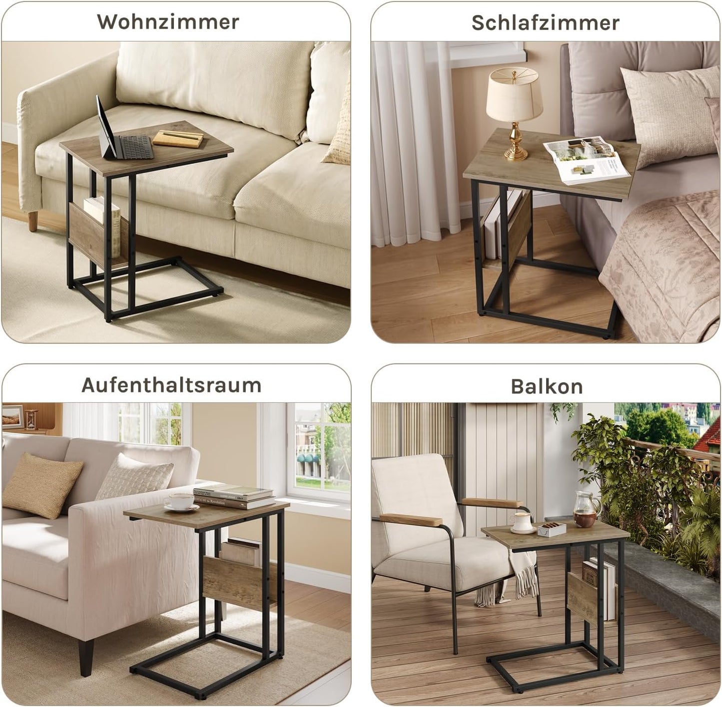 Table d'appoint Woltu en forme de C avec étagère de rangement - Aspect bois gris - Métal - 55 x 36 x 59,5 cm