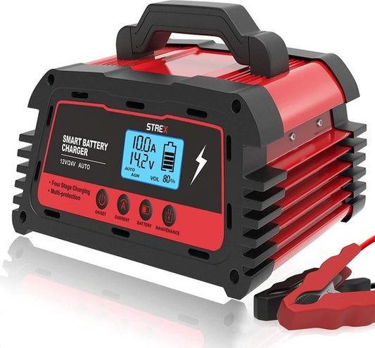 Chargeur de batterie industriel Strex - 12/24V 5/10/25A - pour voiture / moto / scooter / bateau / camping-car - mode réparation - chargeur goutte à goutte