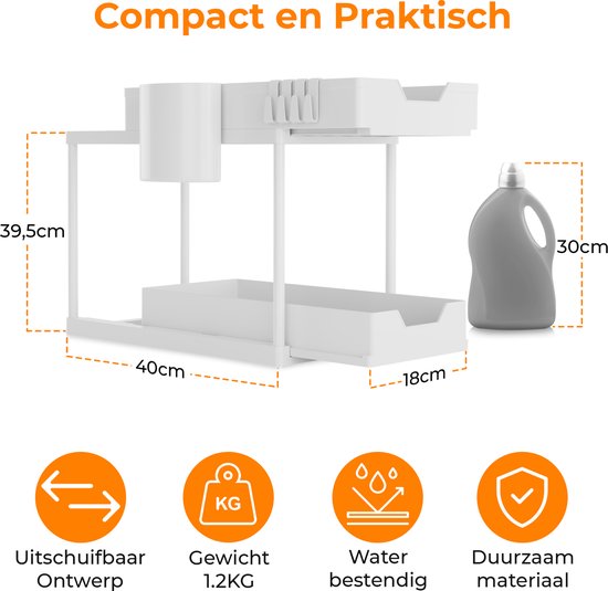 Posity Rangement pour évier - Rangement pour armoire de cuisine - Tiroir coulissant - Rangement pour armoire - Rangement pour salle de bain - Rangement pour comptoir - 2 tiroirs coulissants - Blanc