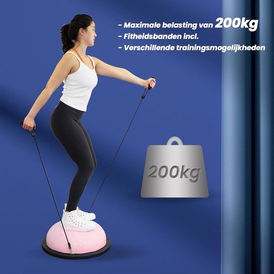 DH FitLife Balance ball, yoga balance trainer, diamètre de 60 x 22 cm, chargeable jusqu'à 200 kg, demi-ballon de gym, planche d'équilibre fitness, planche d'équilibre avec pompe et 2 bandes fitness
