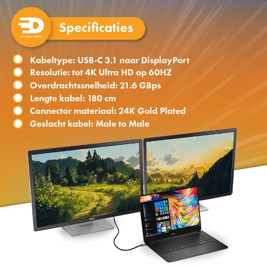 Câble USB C vers Displayport - 8K 60Hz 4K 120Hz - Thunderbolt 3 - Convient à Apple / iMac / Macbook (Pro) - 1,8 mètres