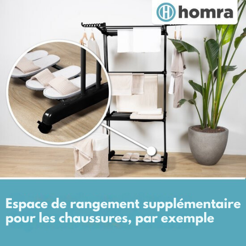 Etendoir à linge - Homra - 4 niveaux - Pliant - 77x50x170cm - Noir