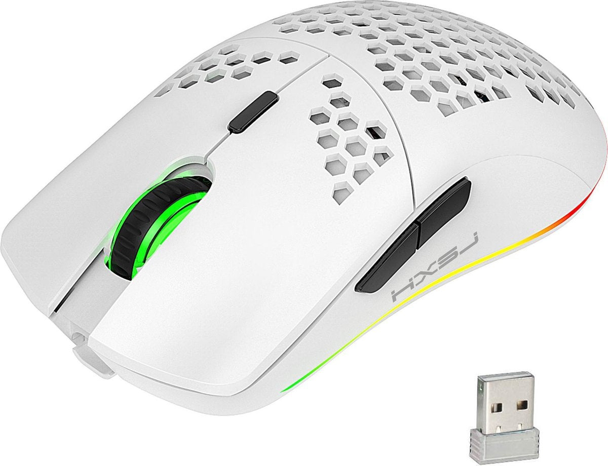 HXSJ T66 2.4G Wireless Gaming Mouse - Souris d'ordinateur - Ultra légère - Compacte pour les voyages - Eclairage RGB - Blanc