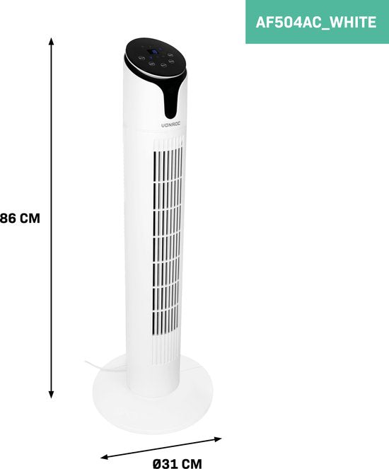 VONROC Luxury Fan - Ventilateur de tour - hauteur 86 cm - télécommande incluse - 3 vitesses - fonction swing - minuterie de 15 heures - blanc