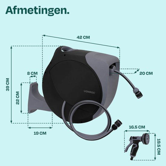 Enrouleur de tuyau automatique VONROC – boîtier mural – avec tuyau d'arrosage haut de gamme de 20 m, pistolet d'arrosage à 8 positions et raccords – noir/gris