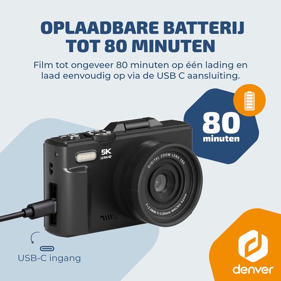 Appareil photo numérique Denver - Full HD 5K - 75 MP - Appareil photo pour vlog - Connexion Wi-Fi - Photo et vidéo - Appareil photo - DWC8475B