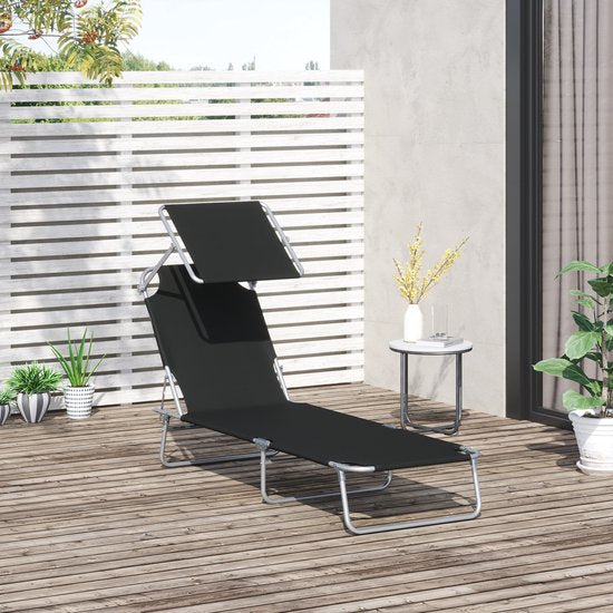 Chaise longue Outsunny - pliable - avec pare-soleil - 4 positions - noir