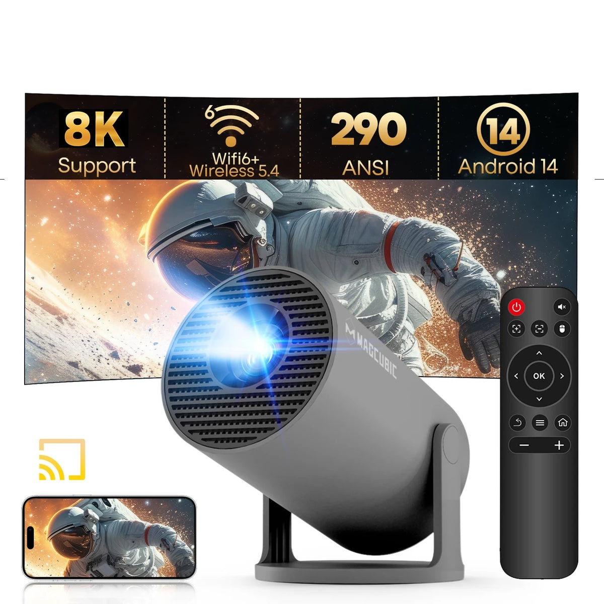 Mini-projecteur Magcubic HY300 Pro avec Wi-Fi 6 et Bluetooth 5.4 - Android 14 - 290 ANSI - Gris