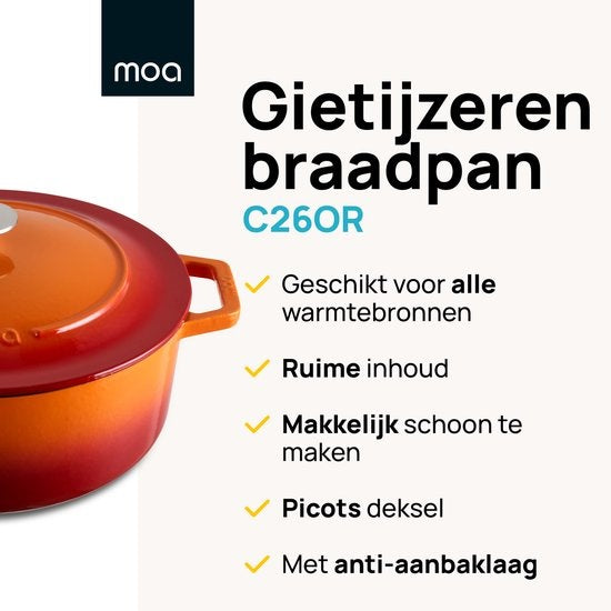 Casserole en fonte - MOA - 5,7 L - 26cm - Ronde - Toutes sources de chaleur - Egalement pour induction - Poids 5,8 kg - Orange Rouge