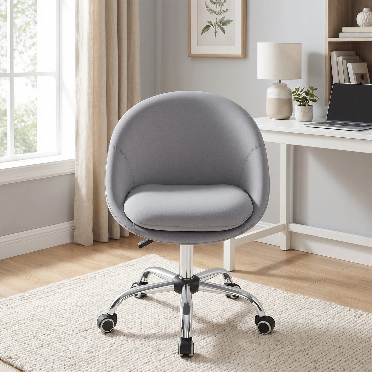 Chaise de bureau Ochama - Grise - Mélange coton-lin - Réglable en hauteur - Pivotante avec roulettes - 60 x 60 x 80-90 cm