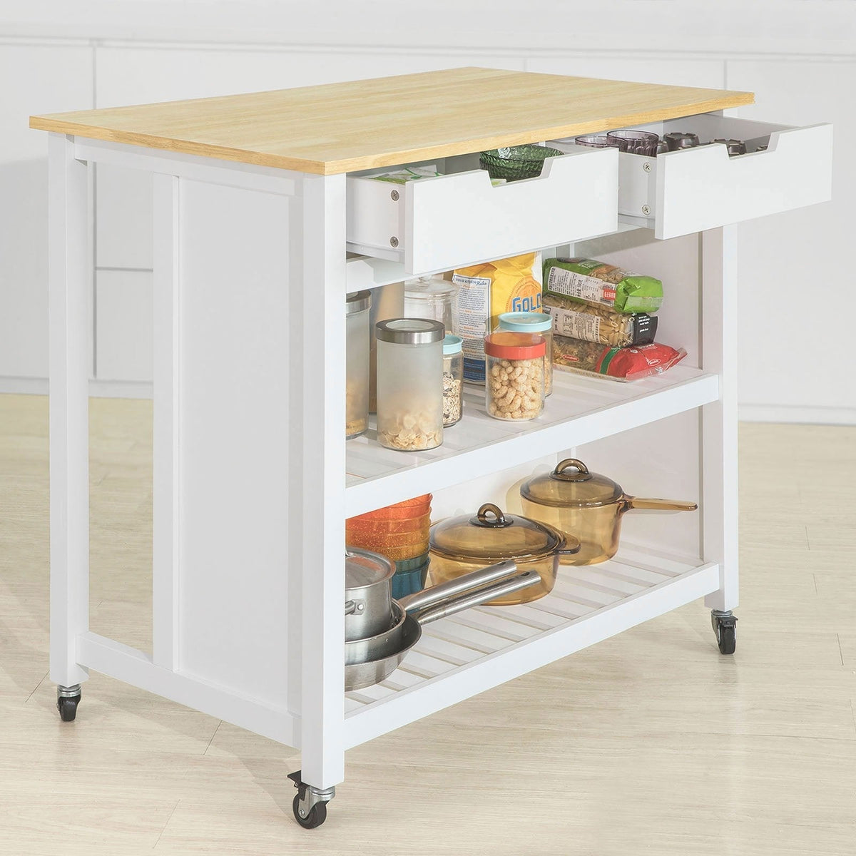 SoBuy - Ilot de cuisine sur roulettes - 100 x 60 x 94 cm - Blanc et bois composite - Chariot de cuisine mobile avec meuble de rangement - Pour cuisine et réserve